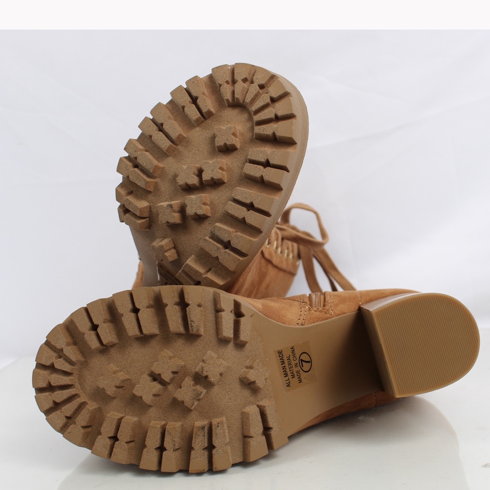 Size 9 Tan Faux Suede Lace Up Stacked Block Heel - Picture 7 of 8